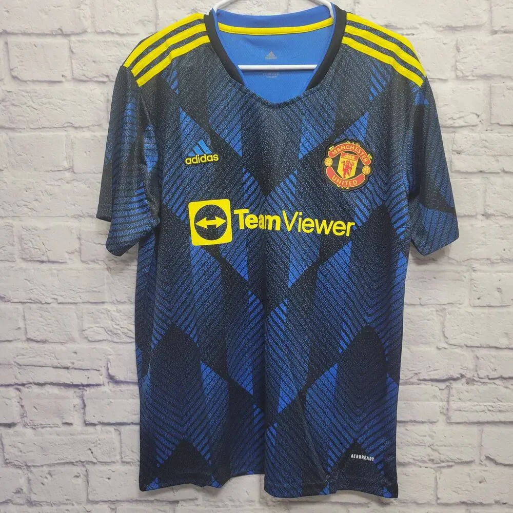 NEW Adidas Manchester United Jersey Size L Blue Yellow‎ Team Viewer Soccer Away